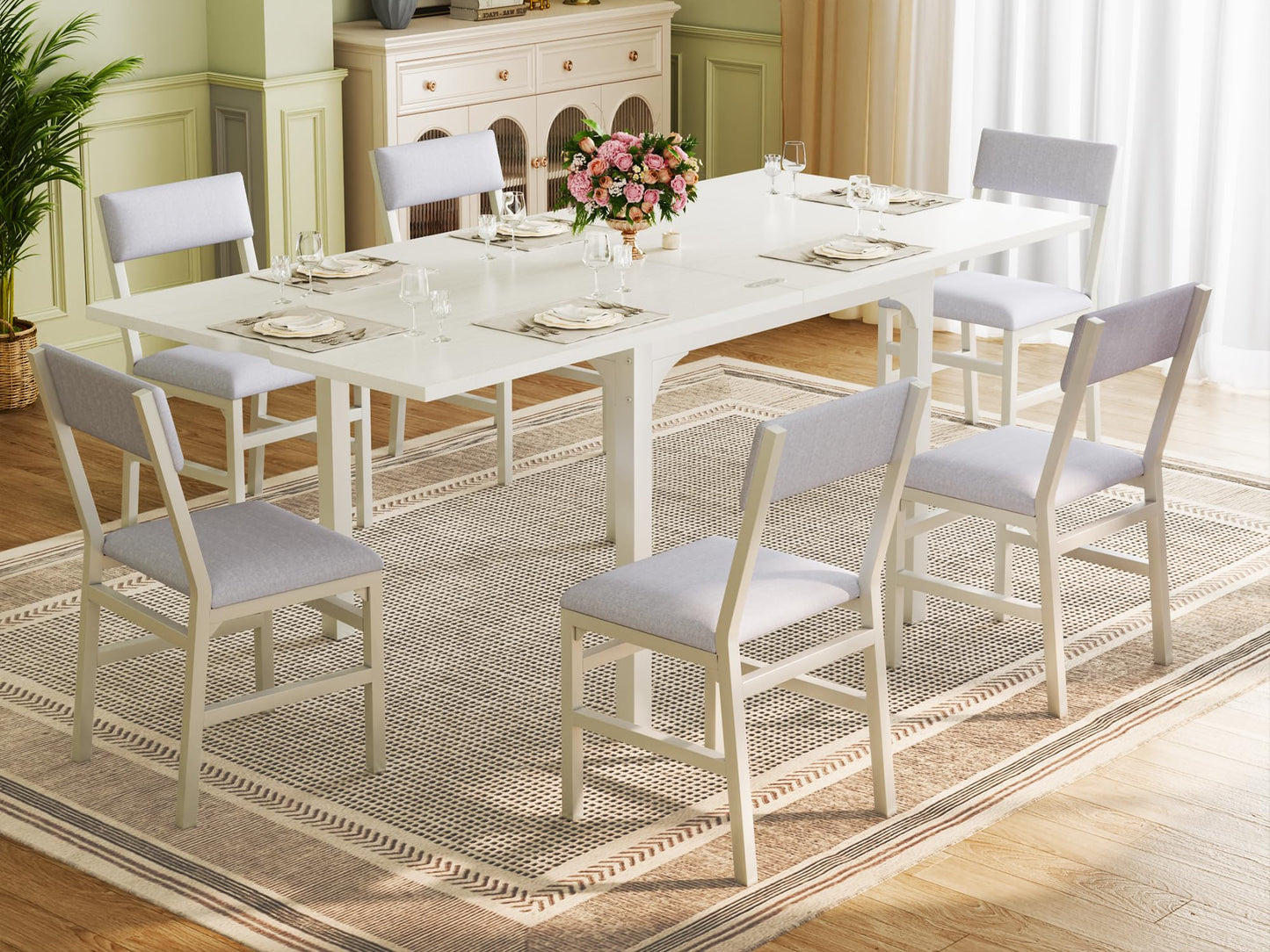 7-Piece Dining Table Set for 4-6, Extendable Kitchen Table Cushion Chairs Set of 6 with 6 Chairs, Rectangle Dining Table with Metal Frame & MDF Board, Folding for Small Apartment Saving Space,Grey Oak