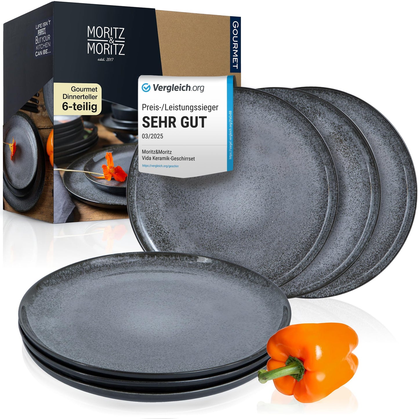 Moritz & Moritz Vida 18-Piece Crockery Set for 6 People, Elegant Plate Set Made of High-Quality Porcelain, Crockery Consisting of 6 x Dinner Plates, 6 x Dessert Plates, 6 x Soup Plates