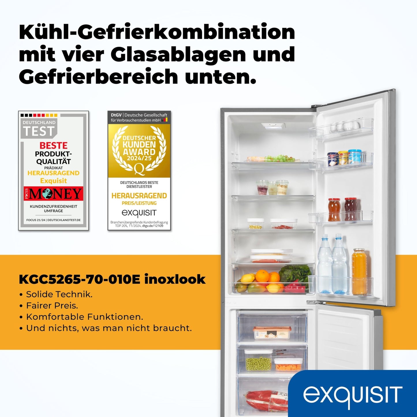 Exquisit Kühl-Gefrierkombination, 180 cm Höhe, Kühlschrank mit Gefrierfach, 269 Liter, 4-Sterne-Gefrierfach, Türanschlag wechselbar, Standgerät, KGC5265-70-010E inoxlook