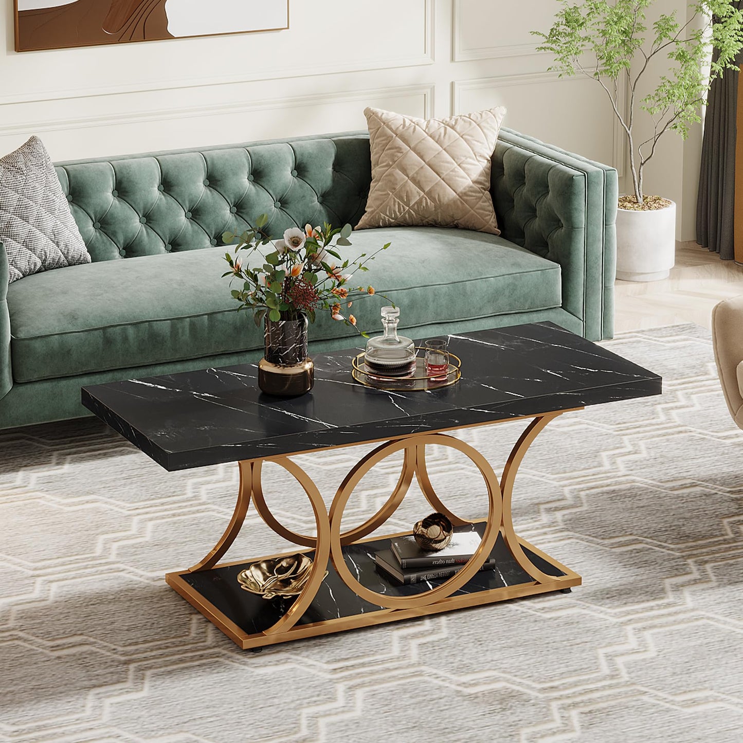 Tribesigns Rectangular Coffee Table, 120 cm Modern Living Room Table, 2-Tier Faux Marble Coffee Table with Geometric Legs, Furniture with Storage Compartment (Black and Gold)