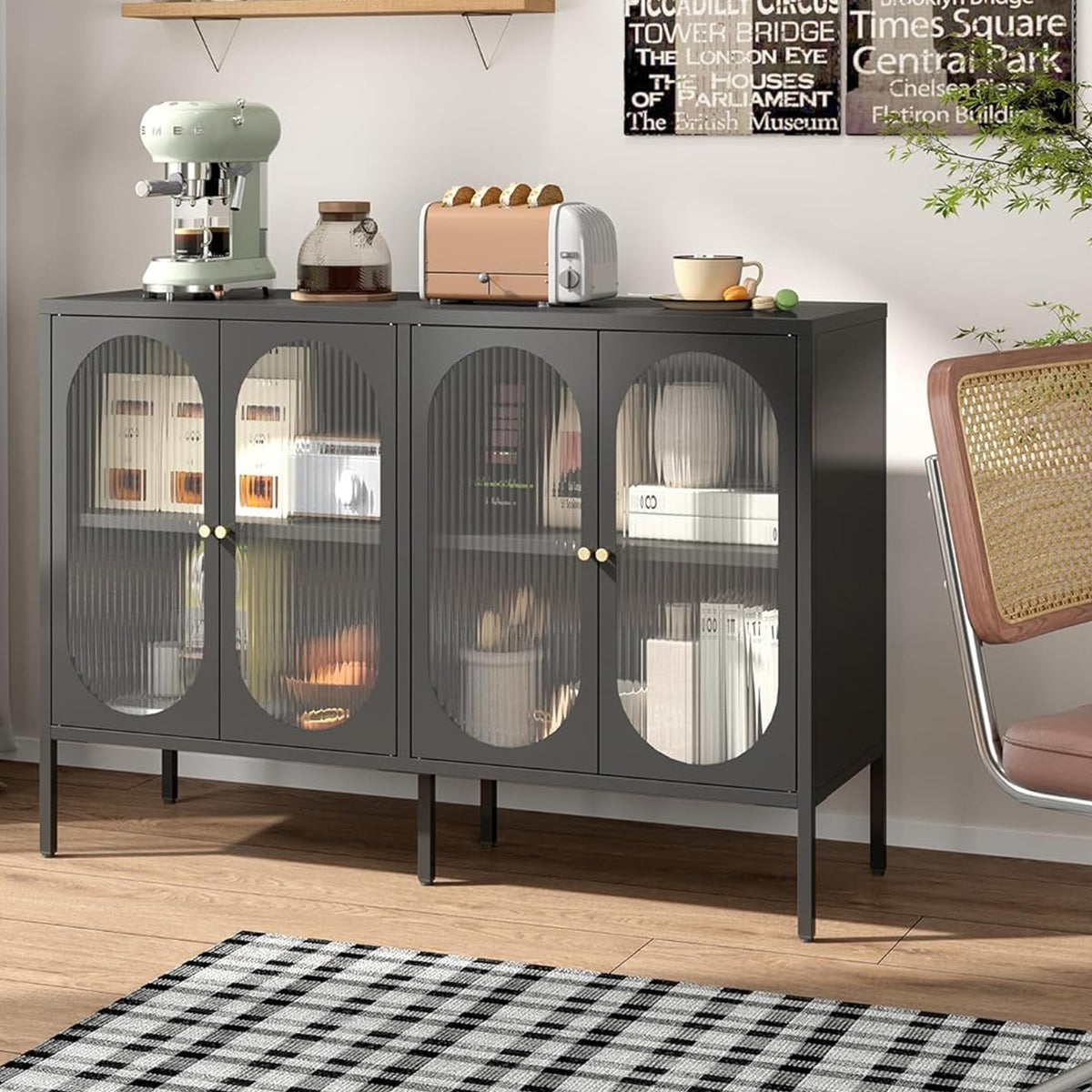 Metal Cabinet with Glass Doors, Sideboard Kitchen Cabinet, Glass Display Cabinet with Adjustable Shelf, Sideboard Cabinet for Kitchen, Dining Room, Living Room, 40 D x 120 W x 84 H cm, Black