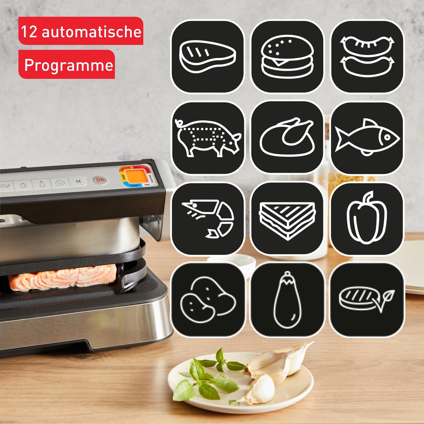 Tefal OptiGrill Elite XL Kontaktgrill, 16 Programme, Digitales Display mit Garstufenanzeige, abnehmbare XL-Platten, Grillboost-Funktion, intuitive Bedienung, Elektrogrill, Edelstahl, GC760D12