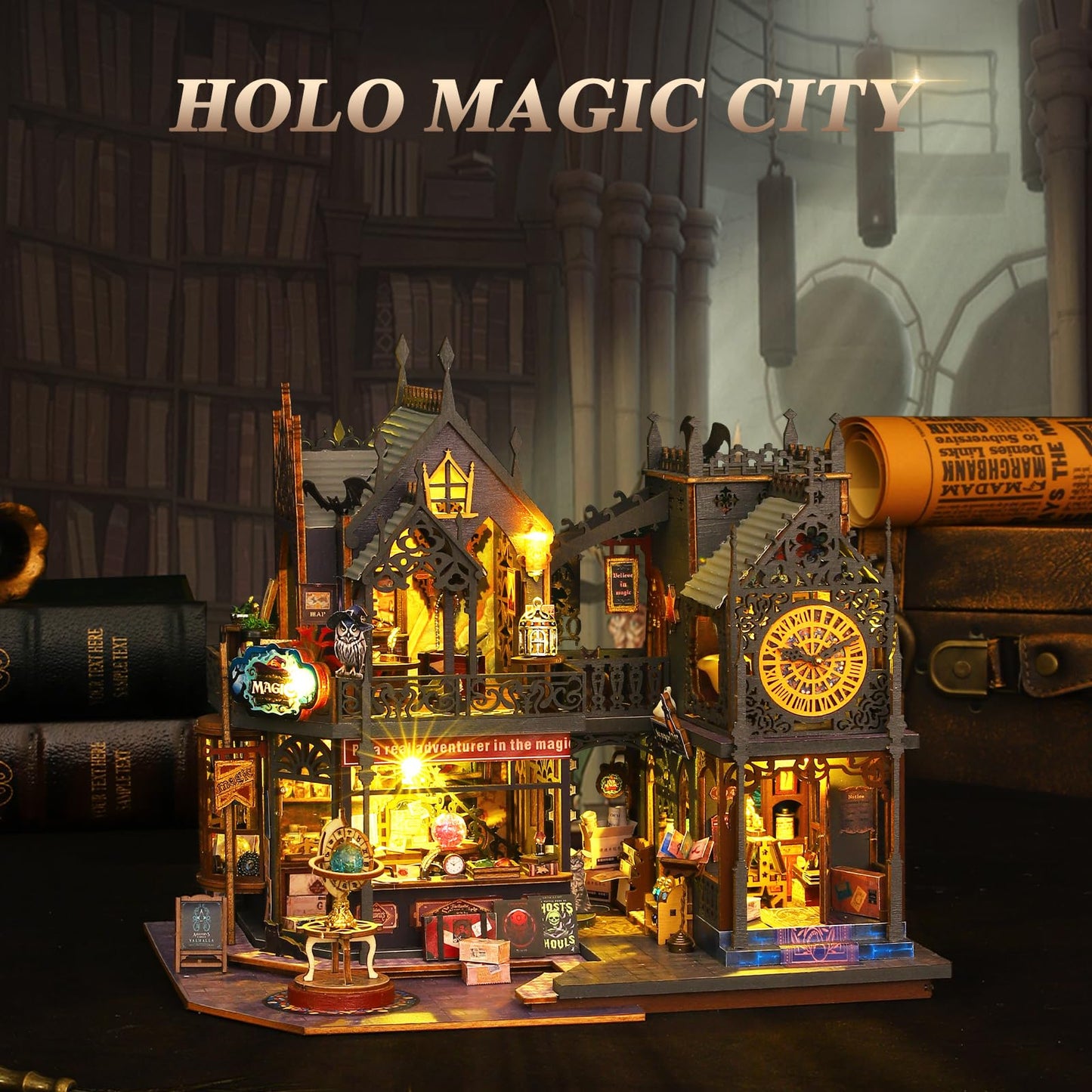 Mostop DIY Miniature Dollhouse Kit,Wooden Dollhouse Construction Kit,Miniature House Kit with LED Light und Bewegungen,Creative Room Idea for Children/Adults,Magic House,DIY Kits (Twilight Book City)