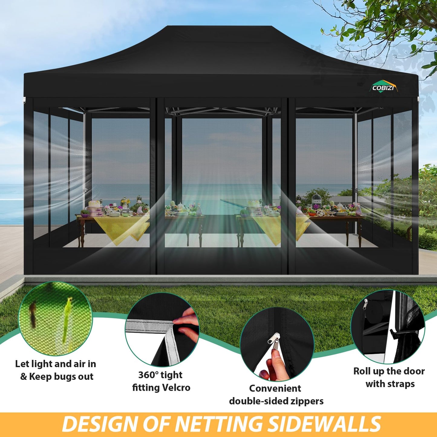 COBIZI Pavillon 3x3 Faltpavillon 3x3 Wasserdicht Stabil, Partyzelt Gartenpavillon UV-Schutz mit 4 Seitenwänden aus Mesh, Schwarz