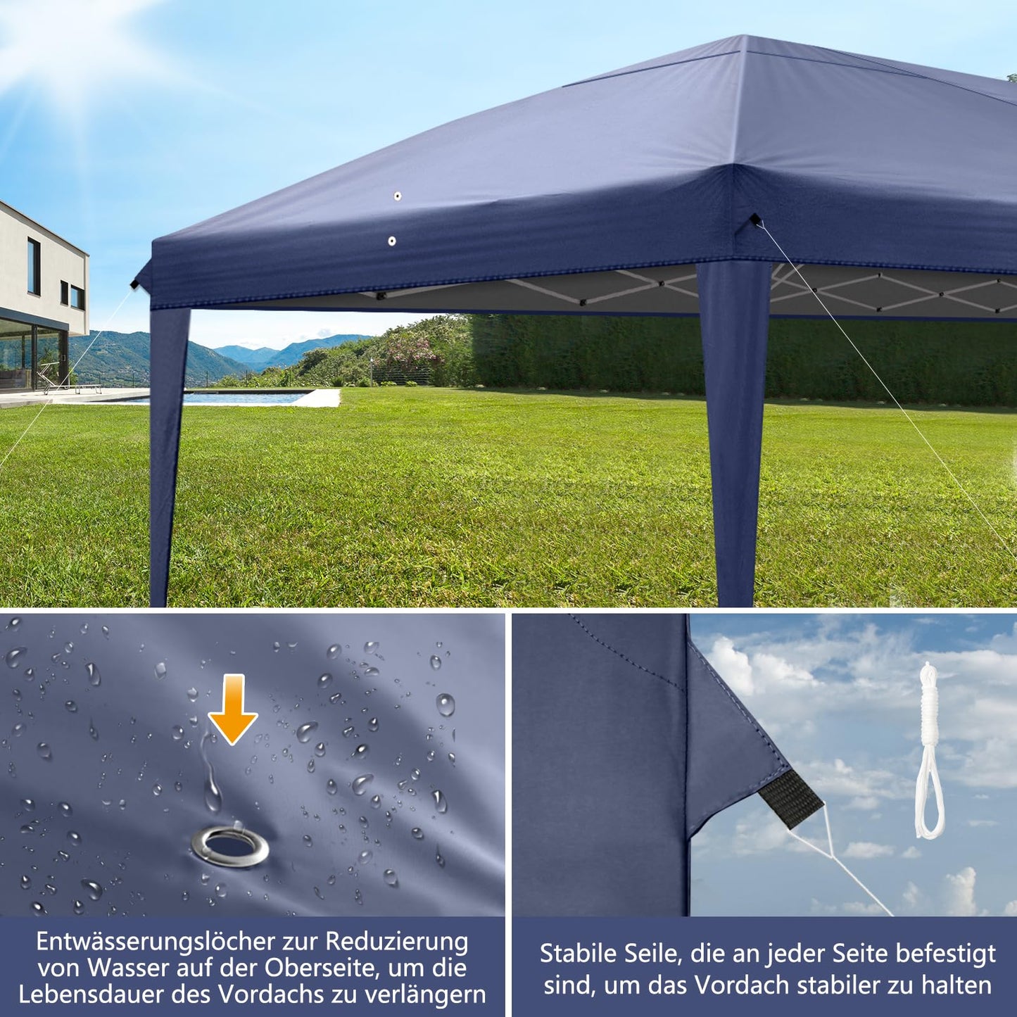 LEADZM Gazebo, Folding Gazebo, 3 x 6 m, Pop-Up, Waterproof, Winterproof, Height Adjustable, UV Protection 50+, Garden Tent, Party Tent, Steel Frame, with 6 Side Panels, for Garden, Party, Camping,