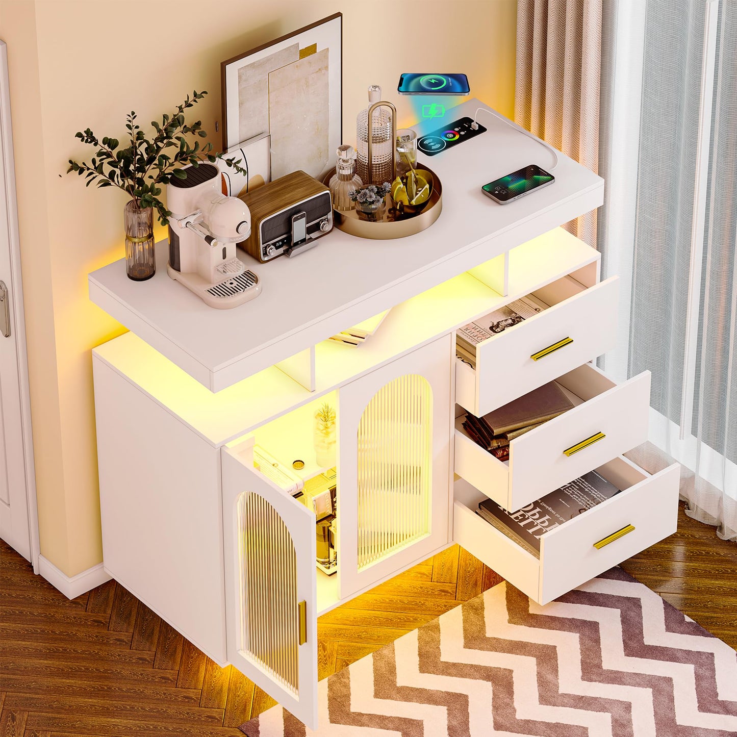 Lvifur Buffet Cabinet, Sideboard, White, Storage Cabinet with Wireless Charging Station, Automatic Sensor, RGB 20 Colours, Dimmable Sideboard, Intelligent Sensors, Chest of Drawers, Living Room, White