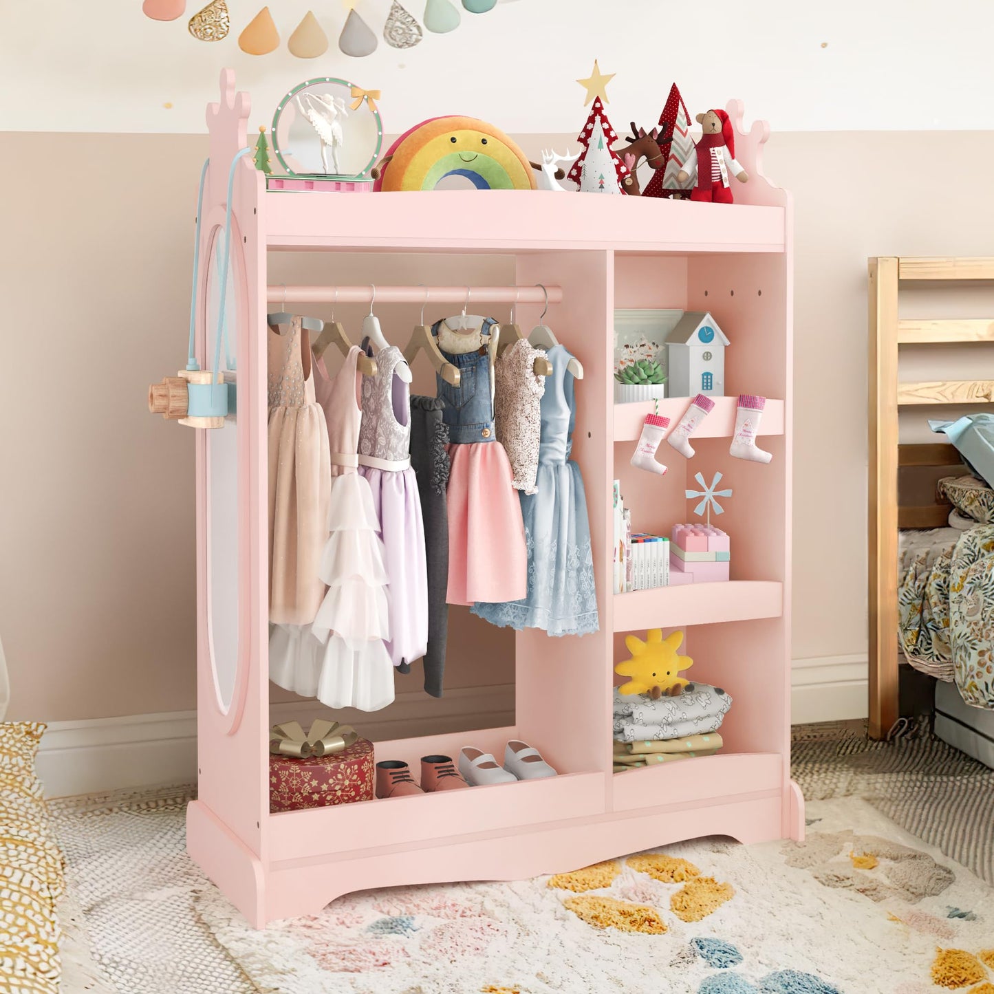 LUE BONA Children's Wardrobe with Mirror and Clothes Rail, Children's Coat Rack with 3 Hooks and 3 Open Shelves, Children's Wooden Wardrobe for Children's Room, 85 x 34 x 112 cm, White