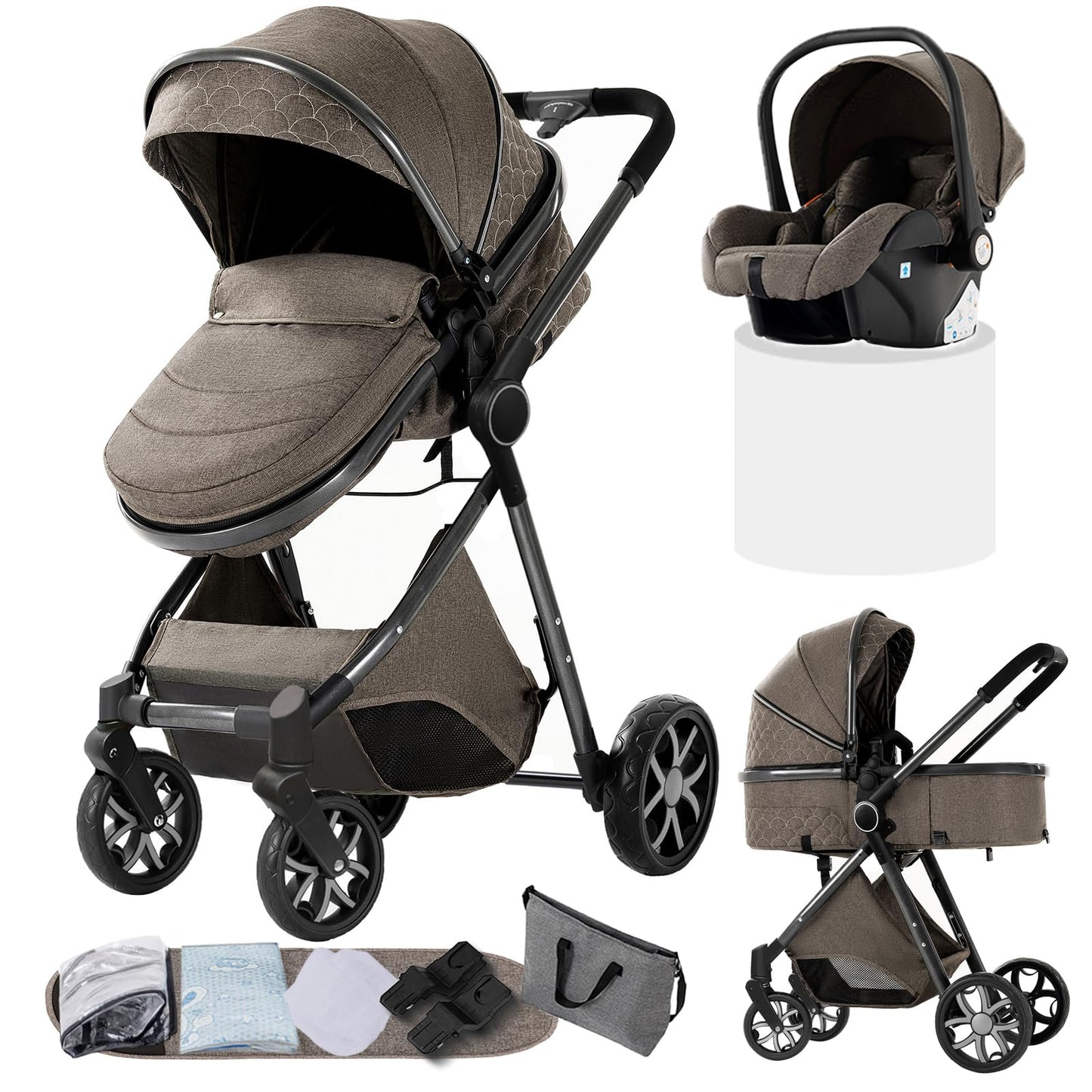Doraystar 360° Rotation PU Leather Pushchair 3-in-1 Combination Pushchair 3-in-1 with Two Reversible Sliding Modes, Pushchair Complete Set with One-Click Folding Design, Aluminium Alloy Frame (906