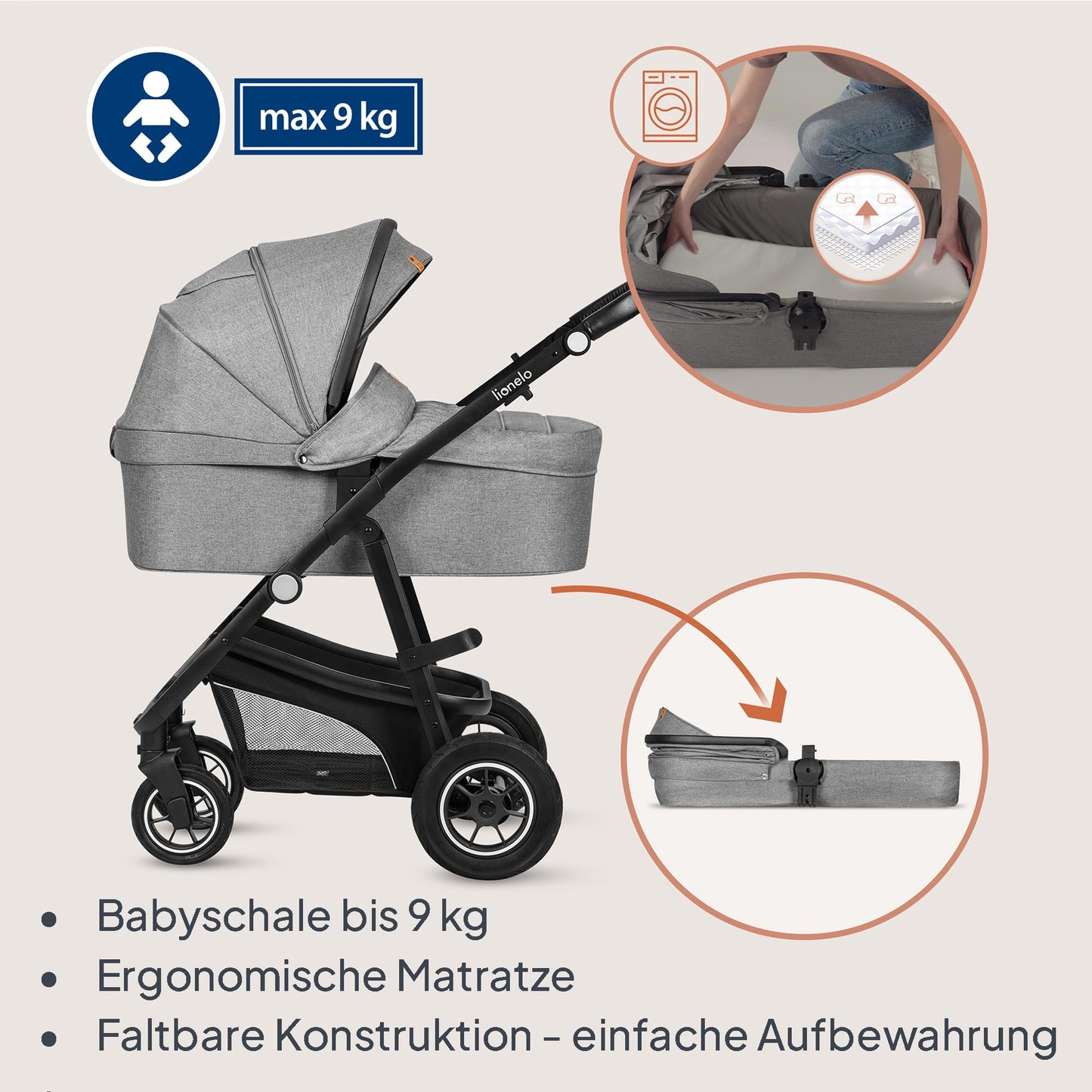 LIONELO Bianka Pushchair 3-in-1 up to 22 kg Baby Carrycot Car Seat Foldable Travel System Adjustment of the Backrest Wheels 360o Shock Absorber Hood XXL