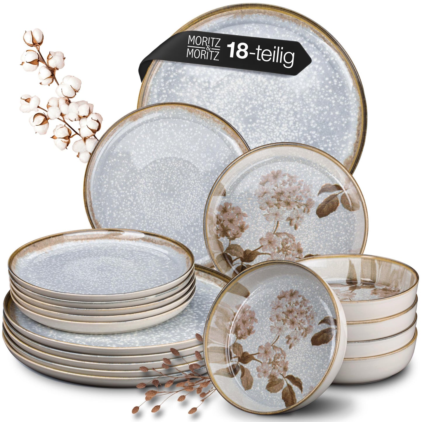 Moritz & Moritz BLOSSOM 18-Piece Crockery Set for 6 People, Elegant Plate Set Made of High-Quality Porcelain with Floral Design, Crockery Set of 6 x Dinner Plates, 6 x Dessert Plates, 6 x Soup Plates
