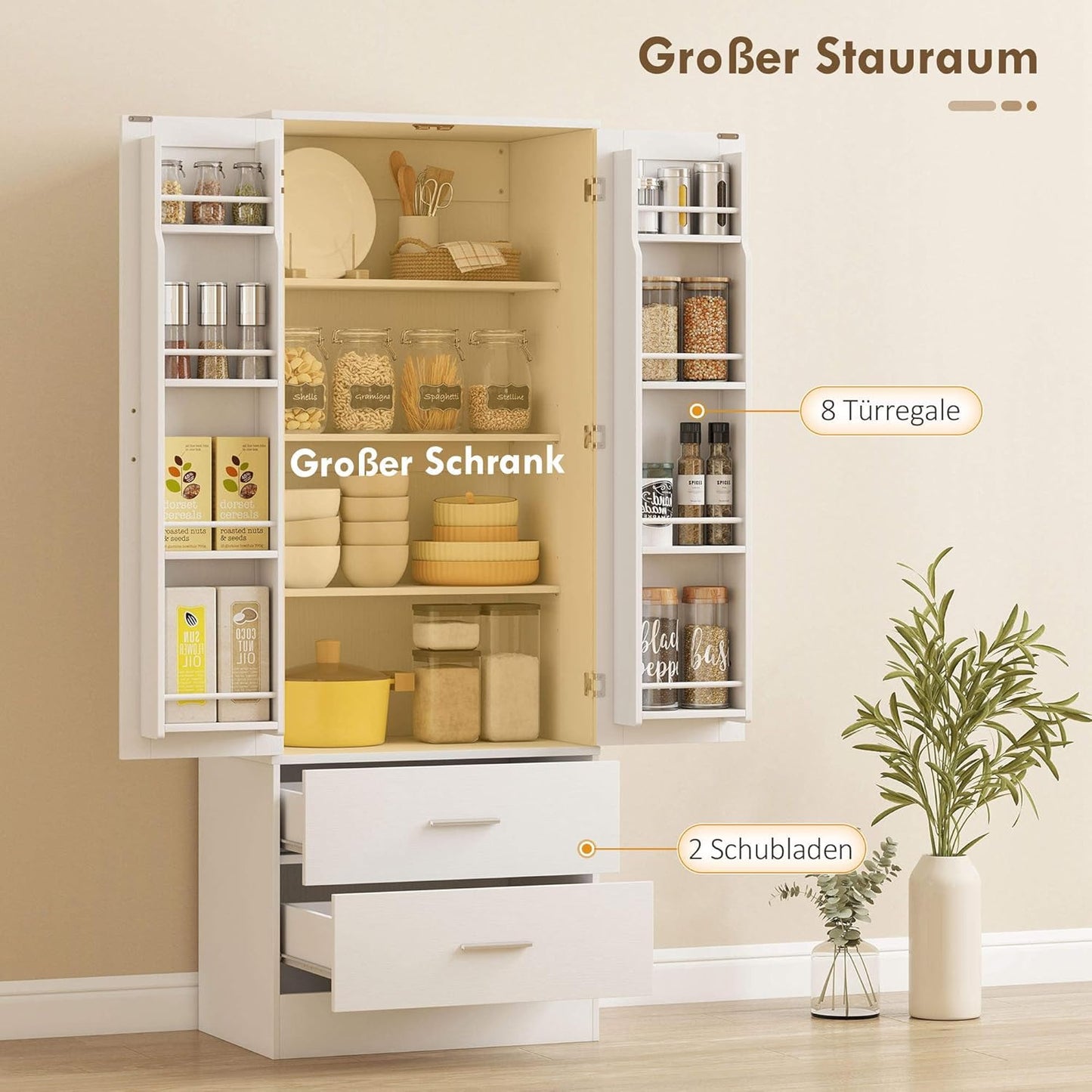 HOMCOM Kitchen Cabinet, Buffet Cabinet with 2 Doors, 8 Door Shelves, 2 Drawers, Tall Cabinet with Adjustable Shelves, Modern Storage Cabinet for Living Room, White, 60 x 40 x 159 cm