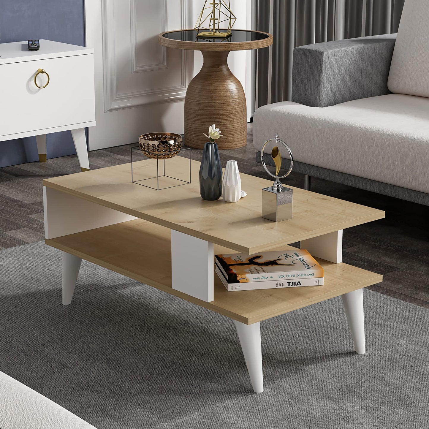 [en.casa] Lycksele Coffee Table Living Room Table with Storage Space Rectangular Black Marble Look White with Lower Shelf Sofa Table