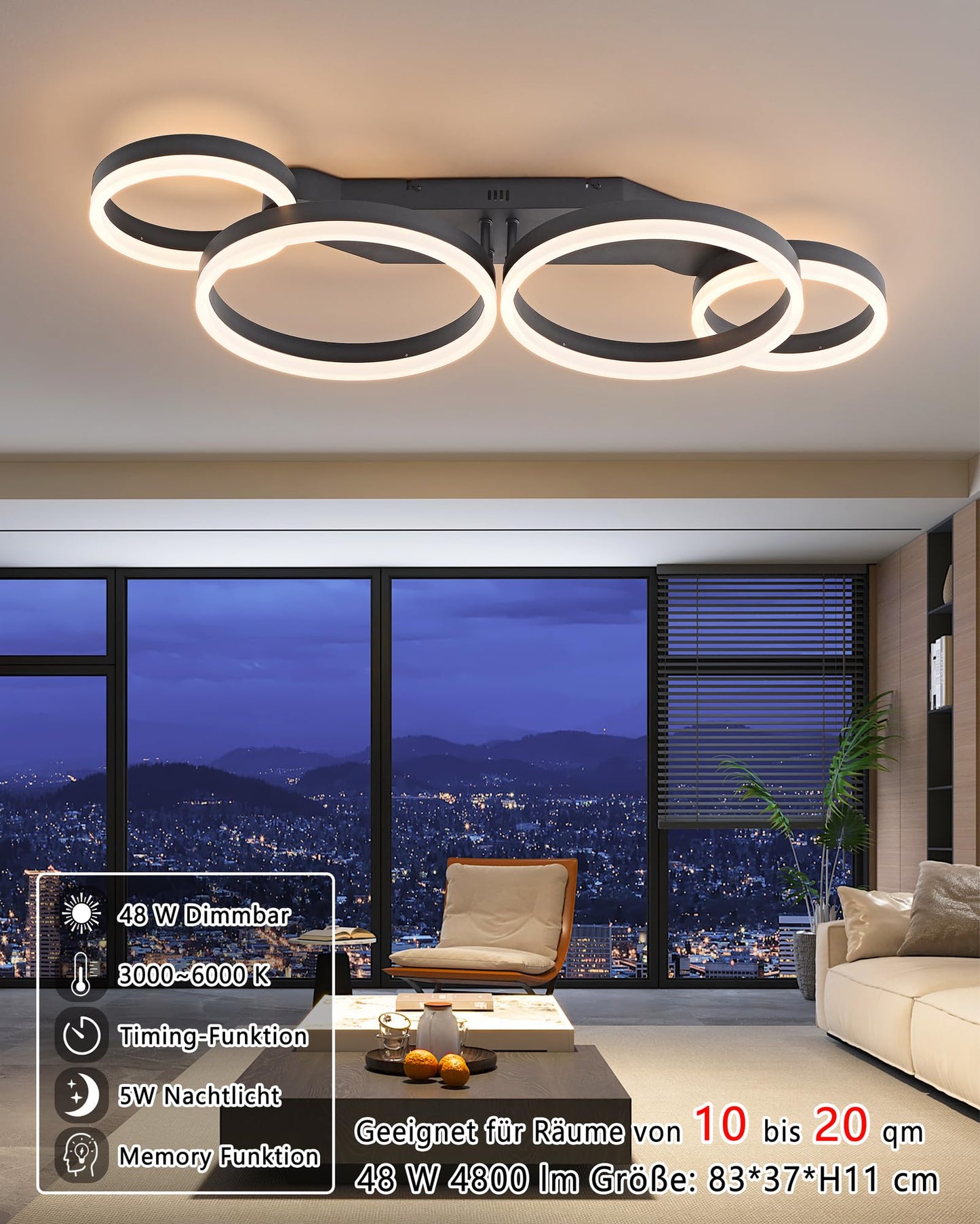 LED Ceiling Light Wood Dimmable, Rotatable 350°, Solid Wood Black Vintage Ceiling Light, 28 W, 40 cm, 2800 lm, 3000 K - 6000 K with Remote Control, Bedroom Lamp, Memory Function, 3 W Night Light