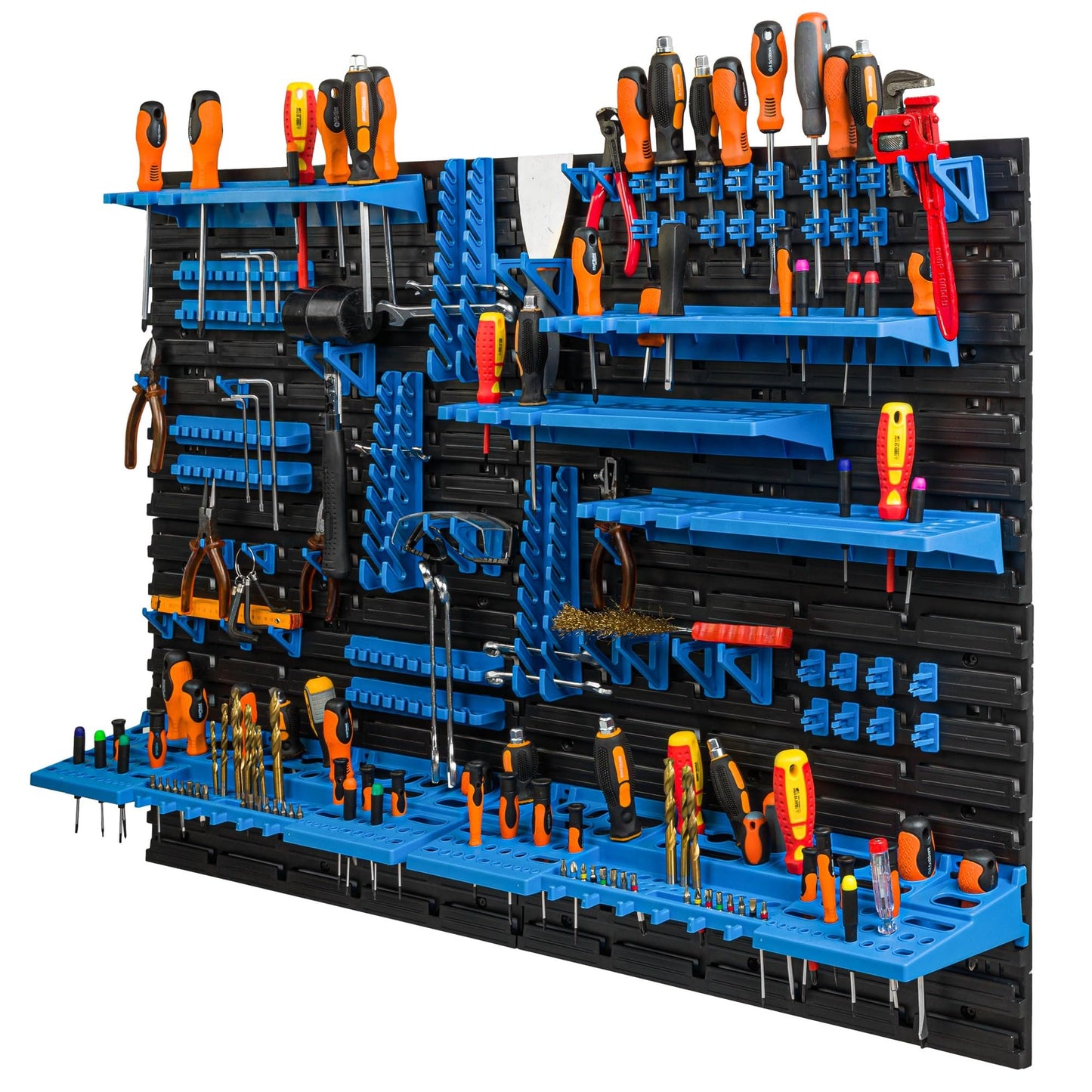 Storage System Wall Shelf 230 x 78 cm, Tool Holders, 46 Pieces Stacking Boxes, Storage Shelves, Storage Boxes, Extra-Strong Wall Shelves, Expandable Workshop Shelving, Workshop Shelves
