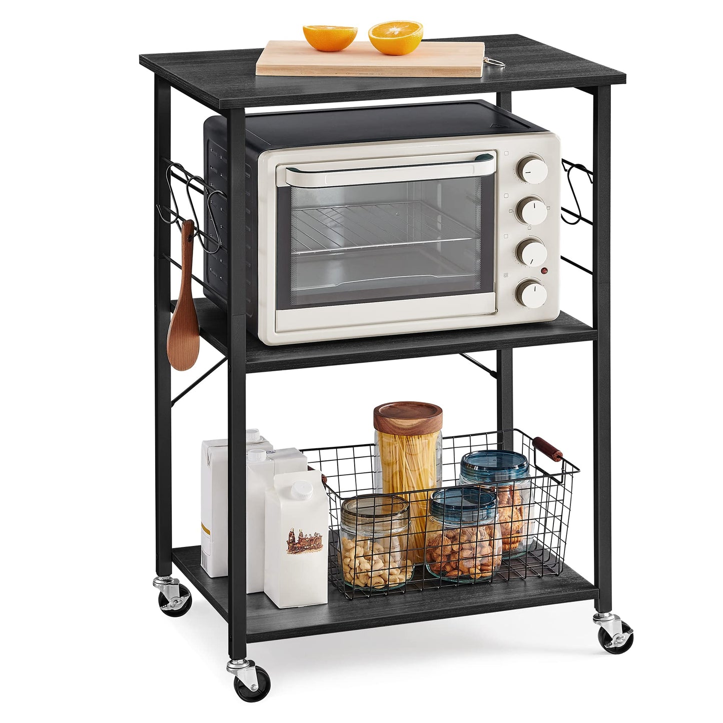 VASAGLE KKS60XV1 Kitchen Rack on Wheels Serving Trolley 3 Tier Kitchen Trolley Mini Oven Microwave Metal Frame 6 Hooks 40 x 60 x 89 cm Vintage Brown Ink Black