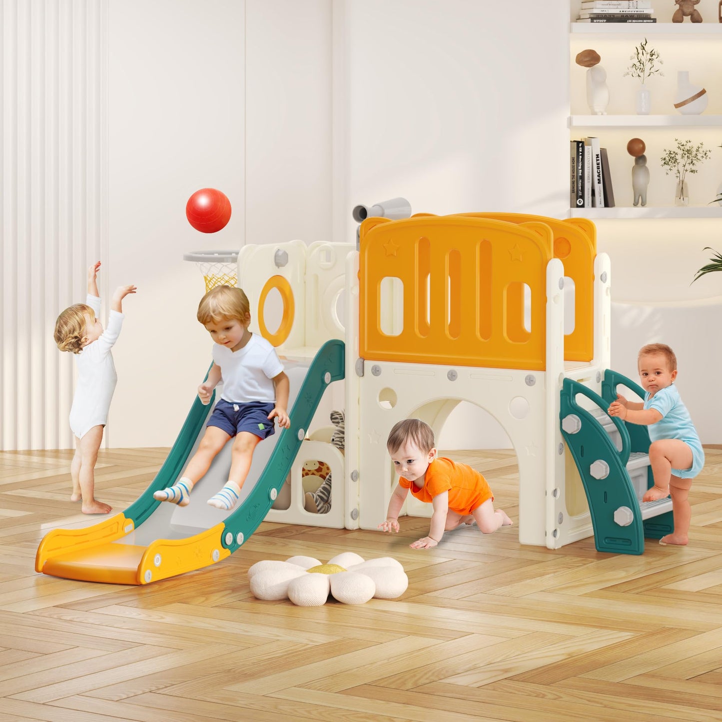 hoopyosms Kids Slide with Climbing Frame, Basketball Hoop and Tunnel, Indoor Plastic Slide Set for Kids, Montessori Toy for Playground, Grey