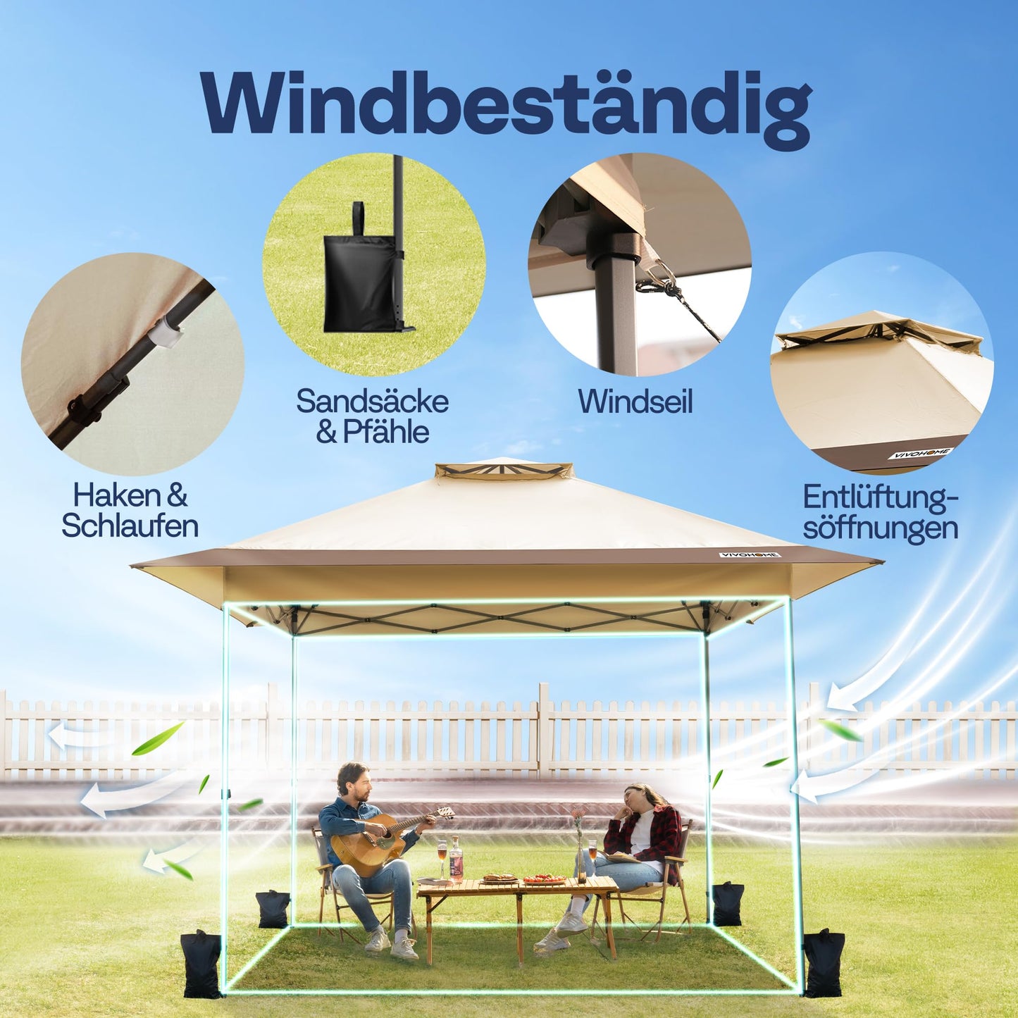 VIVOHOME 3 x 3 m Garden Gazebo with Double Roof, Height-Adjustable Pop Up Gazebo with Central Locking UV Protection 50+, Includes Carry Bag and 4 Sandbags for Garden, Outdoor, Camping