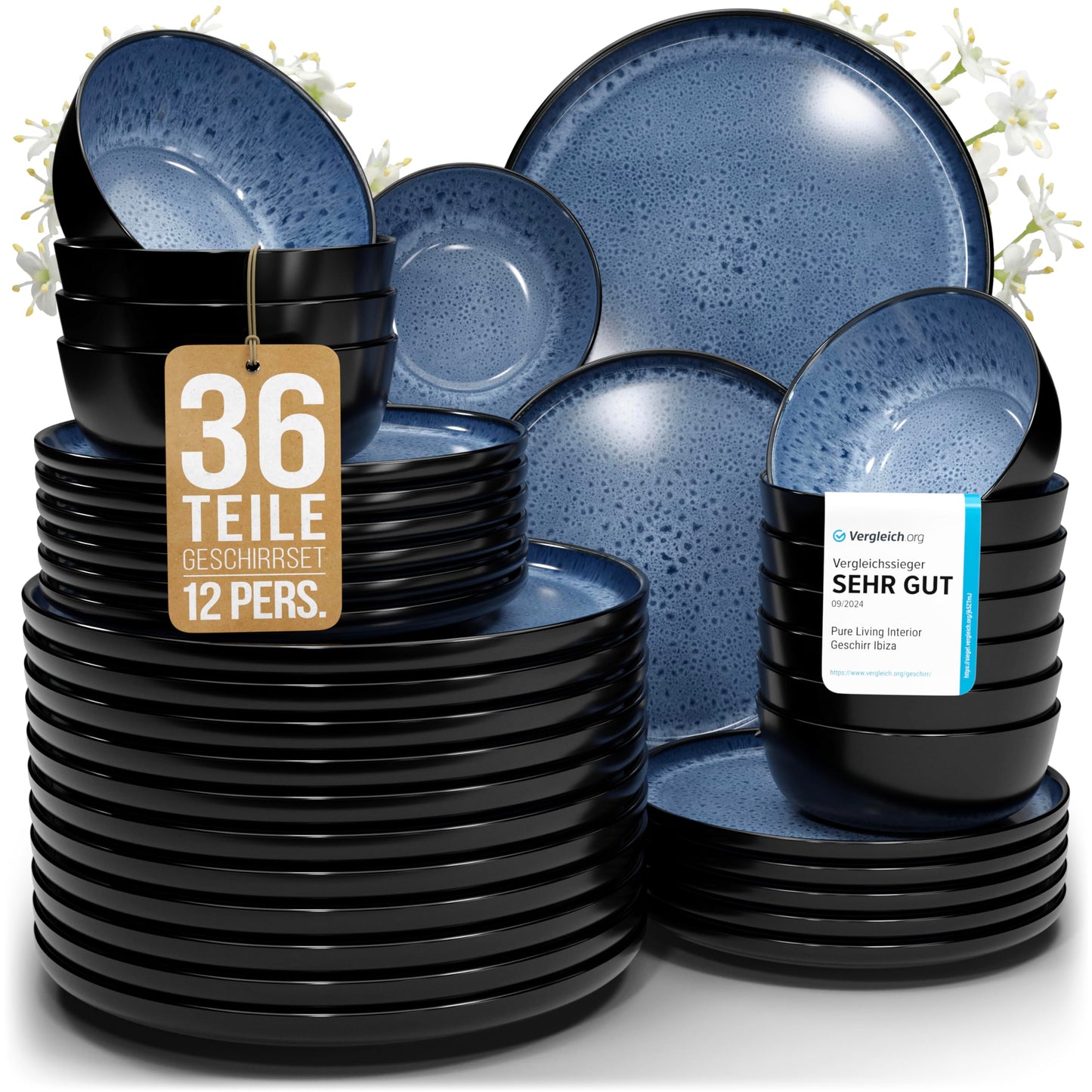 Ibiza Stoneware Crockery Set for 12 People, 48 Pieces, Test Winner, Dreamlike Mediterranean Stoneware Crockery Set, Bowl and Plate Set, Dinner Service for 12 People, Pure Living Crockery Sets in Deep