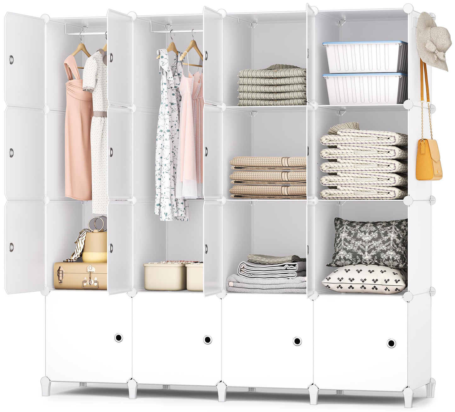HOMIDEC Wardrobe, Portable Shelf System, 20 Cube Plastic Cabinet with 2 Clothes Rails, Bedroom Wardrobe, White for Bedroom, 180 x 142 x 45 cm