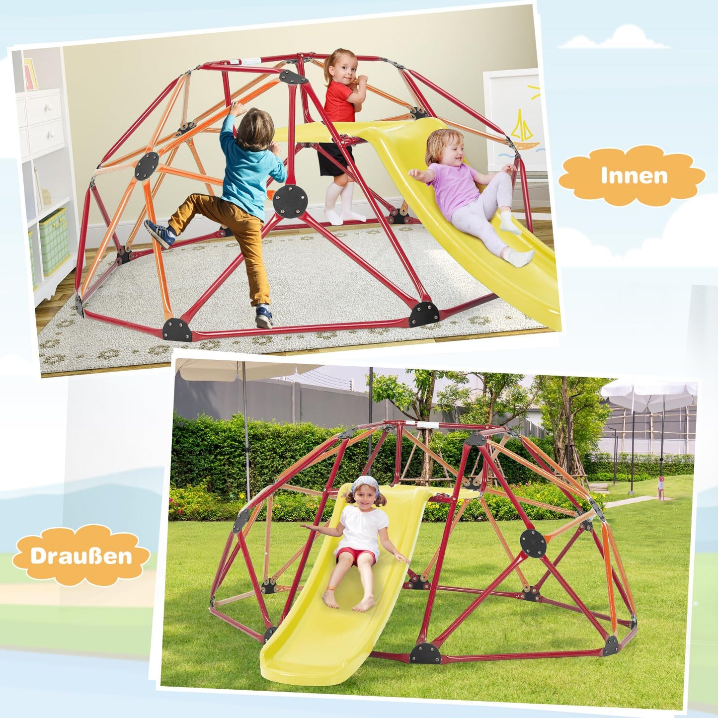 COSTWAY Climbing Dome with Slide, Dome Climbing Frame with Fabric Platform, 180 kg Load Capacity, Outdoor & Indoor Playground for 3-10 Years, Ideal for Gym, Backyard, Garden