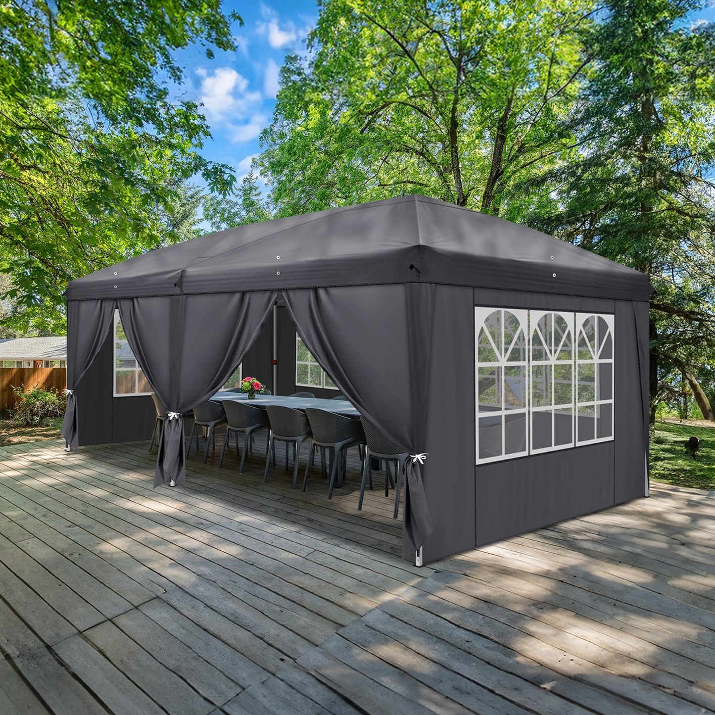 LEADZM Gazebo, Folding Gazebo, 3 x 6 m, Pop-Up, Waterproof, Winterproof, Height Adjustable, UV Protection 50+, Garden Tent, Party Tent, Steel Frame, with 6 Side Panels, for Garden, Party, Camping,