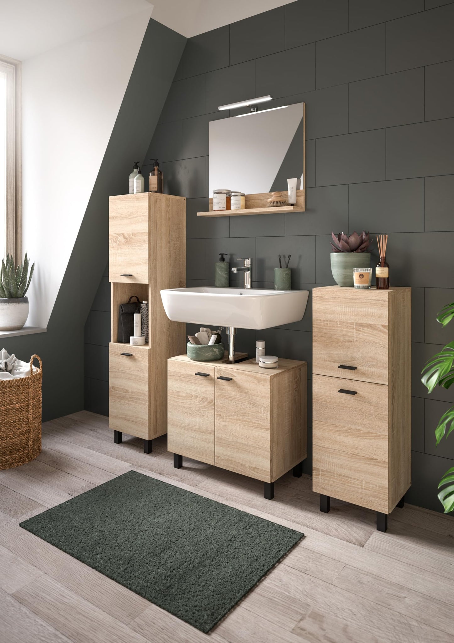 Boston Bathroom Cabinet, Standing Wall Cabinet, Hanging Cabinet, Wall Cabinet, Sonoma Oak Wood, Approx. 30 x 80 x 29 cm, Floor Standing/Hanging Mountable
