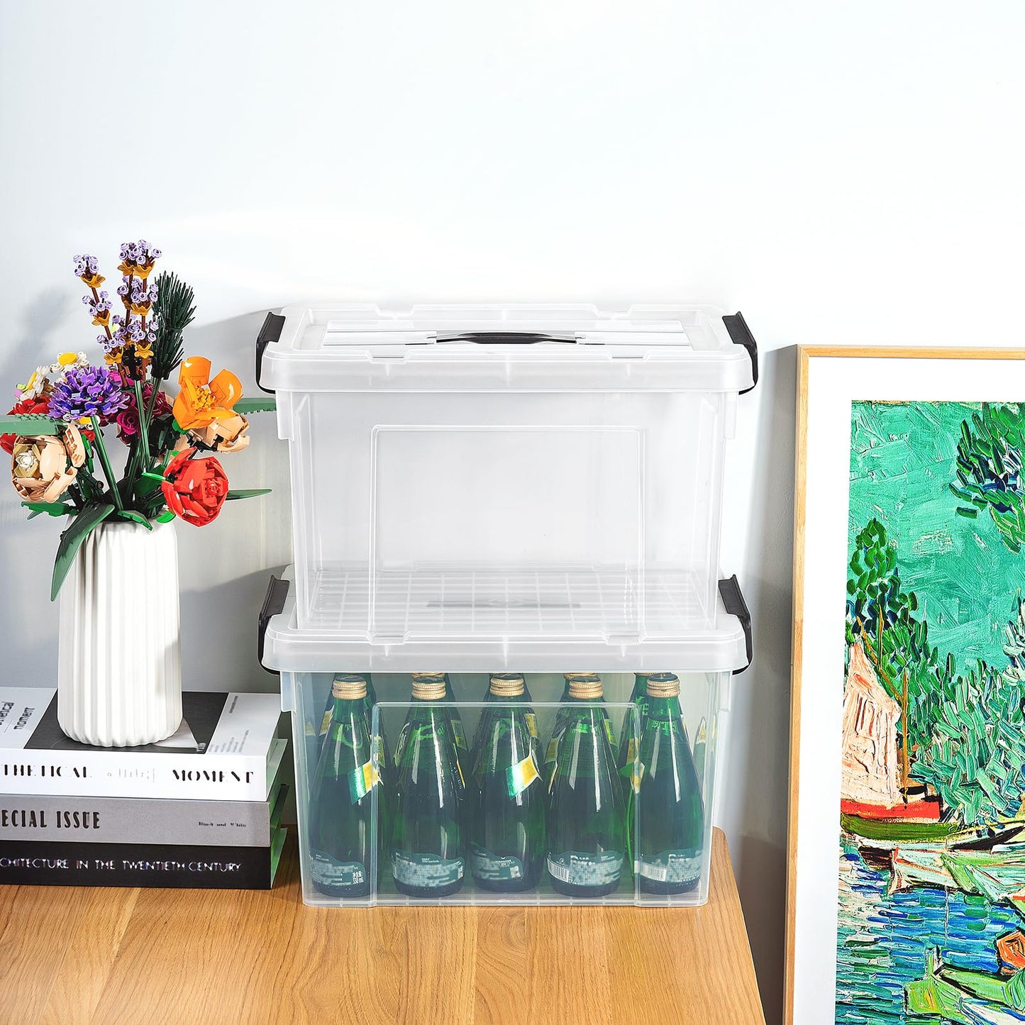 Cetomo 45 L x 3 Storage Boxes, Portable Plastic Boxes with Lids, Organiser Container with Handle and Clips, Stackable, Nestable, for Home and Office, Transparent, 45 L, Pack of 3