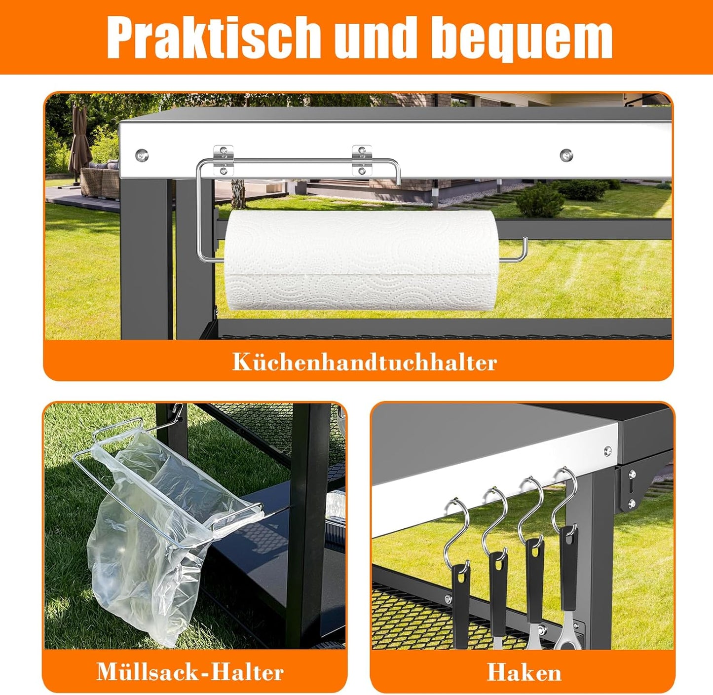 Denmay Stainless Steel Grill Table Grill Trolley 116 x 54 cm with 3 Levels, Pizza Oven Stand, Grill Table for Outdoor Use, Work Trolley with 4 Hooks, Outdoor Serving Trolley Side Table, Kitchen