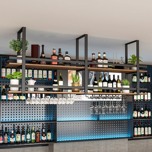 Ceiling Shelf Wine Rack - Ceiling Shelf Hanging Metal Wine Glass Rack, 2-Layer Industrial Hanging Wine Bottle Holder with Glass Shelf for Stemware, for Bar, Cafe, Kitchen (Black, 100 x 30 x 80 cm)