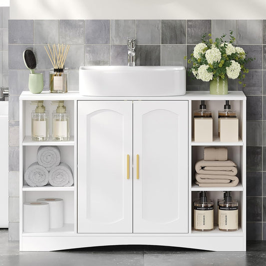HEXCELEN Vanity Unit, Bathroom Cabinet, Vanity Unit with 2 Doors, 6 Open Compartments, Bathroom Cabinet, Adjustable Shelf, Lots of Storage Space, White, 30 x 90 x 61.2 cm
