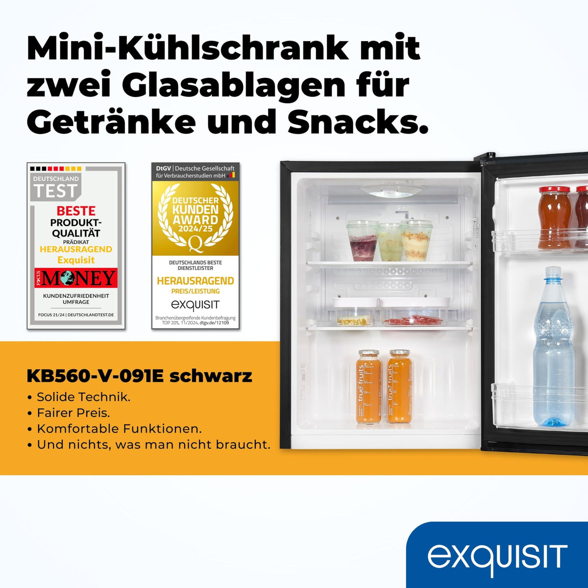 Exquisit KB560-V-091E Mini Fridge, Fridge without Freezer, 50 Litres, 45 cm Width, LED Interior Lighting, Temperature Control, Small Fridge, Black