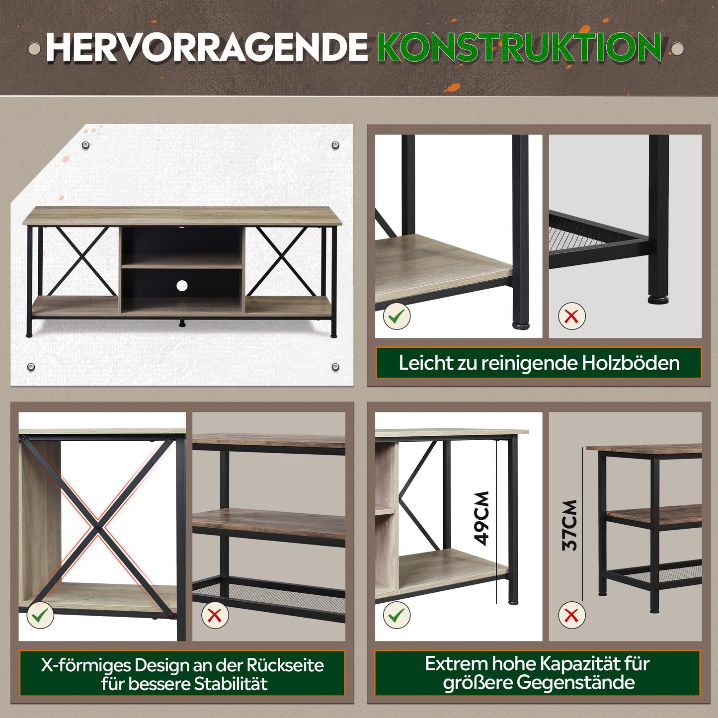 WLIVE TV Schrank, TV Lowboard für Fernseher bis zu 65 Zoll, TV Board Fernsehschrank mit Offenen Stauraum, 140 x 40 x 49 cm, Fernsehtisch für Wohnzimmer und Schlafzimmer, Vintagebraun-Schwarz