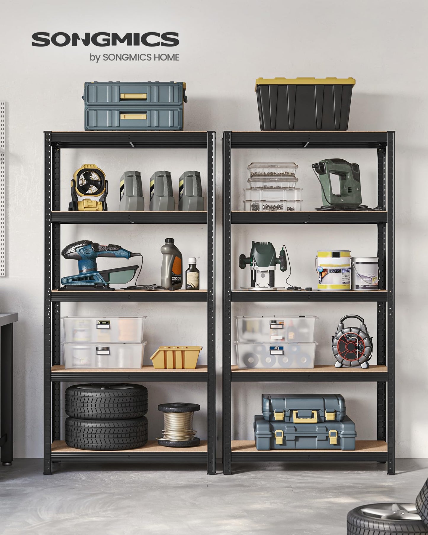SONGMICS Storage Shelves, Heavy Duty Shelves, Set of 2, Basement Shelves, 180 x 90 x 40 cm, Maximum Load 875 kg, Shelves, Boltless Shelves, Reinforced Steel Frame, 5 Adjustable Shelves, Silver GLR040E02