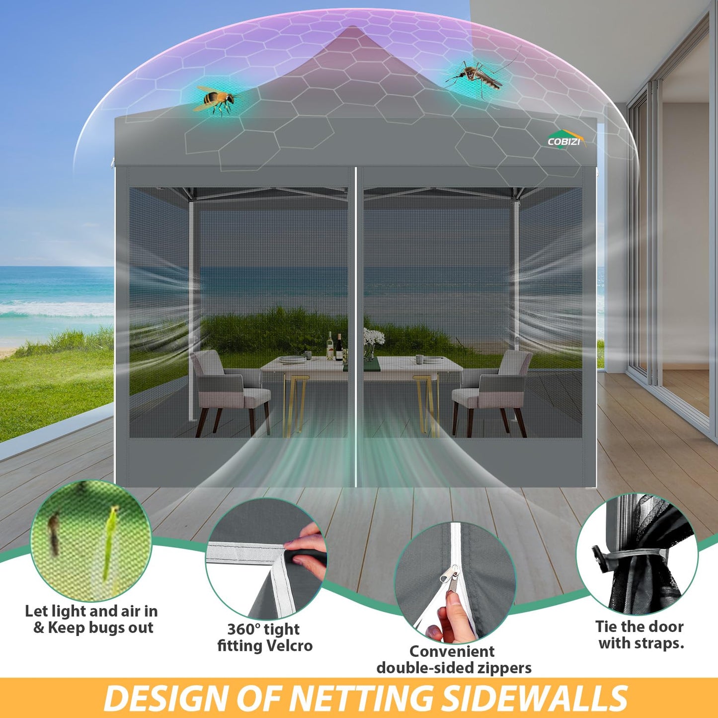 COBIZI Pavillon 3x3 Faltpavillon 3x3 Wasserdicht Stabil, Partyzelt Gartenpavillon UV-Schutz mit 4 Seitenwänden aus Mesh, Schwarz