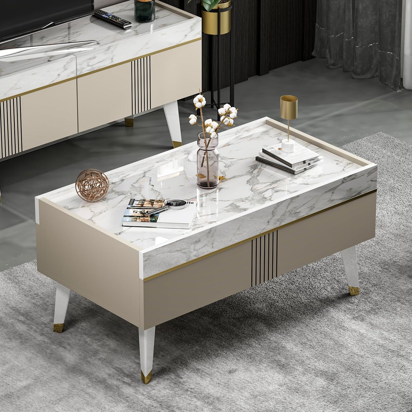 Homidea KARYA Coffee Table - Sofa Table - Living Room Table - Side Table in Elegant and Modern Design (Coffee Table - Beige/Marble)