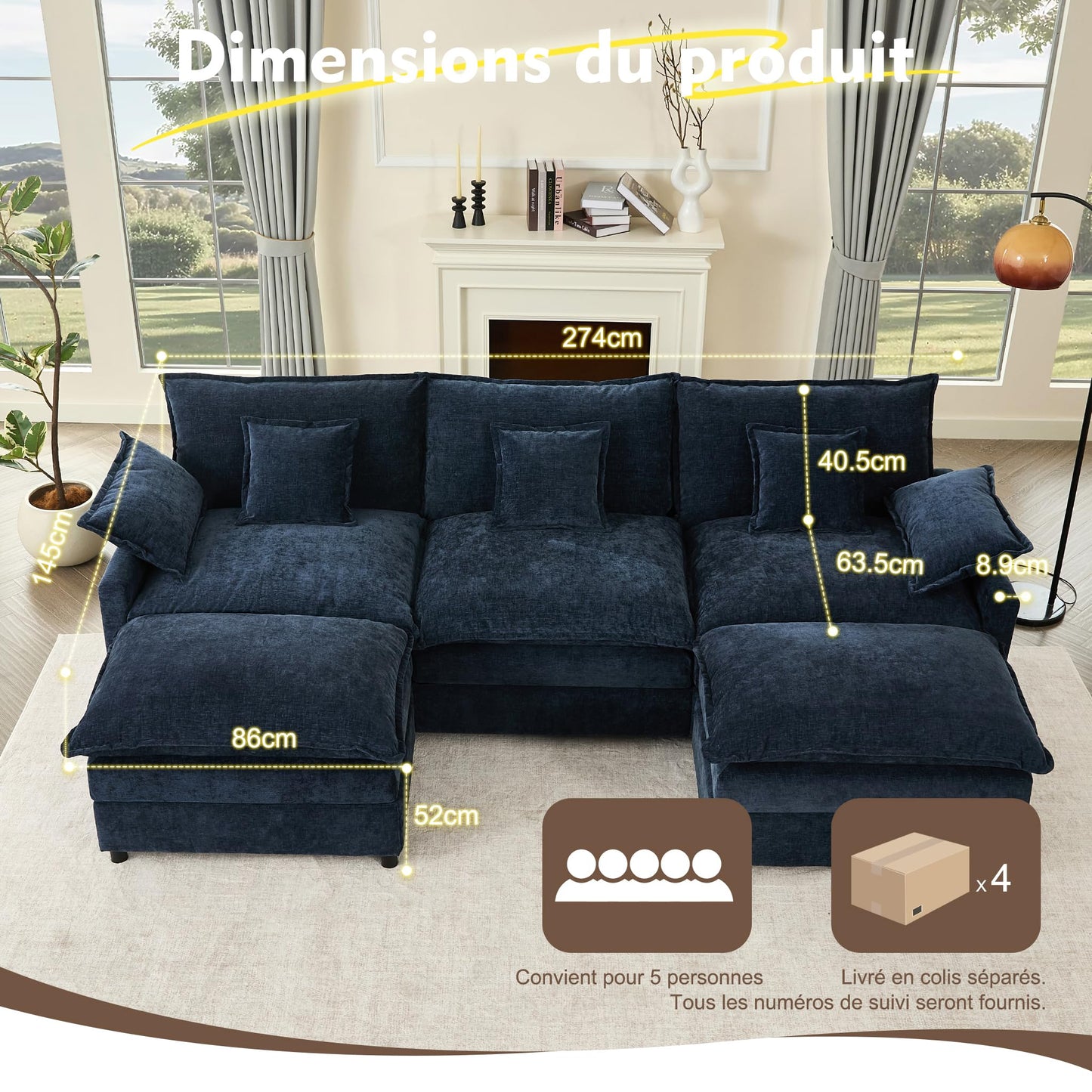 Litbird U-förmiges modulares Sofa 3-Sitzer Ecksofa mit Hocker, tiefes Sitzdesign, Cloud Couch für Wohnzimmer(Hellbraun)