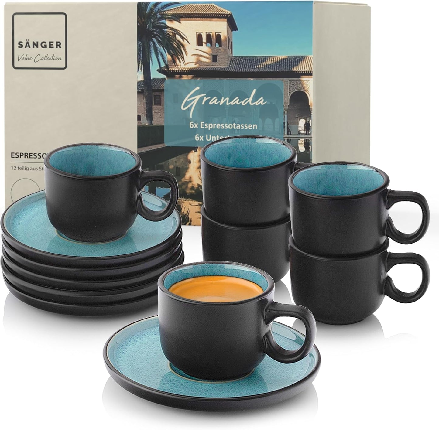 SÄNGER Manila Dinner Service for 6 People, Plate Set, Coffee Mug, Pasta Bowl, 30 Pieces, Stoneware Crockery Set, Dishwasher, Microwave, Scratch-Resistant, Blue with Black Rim, Value Collection