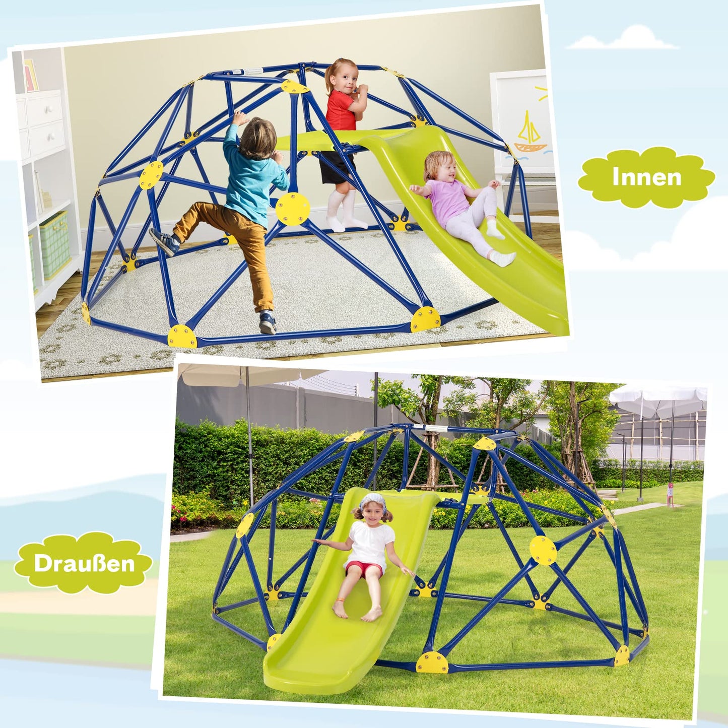 COSTWAY Climbing Dome with Slide, Dome Climbing Frame with Fabric Platform, 180 kg Load Capacity, Outdoor & Indoor Playground for 3-10 Years, Ideal for Gym, Backyard, Garden