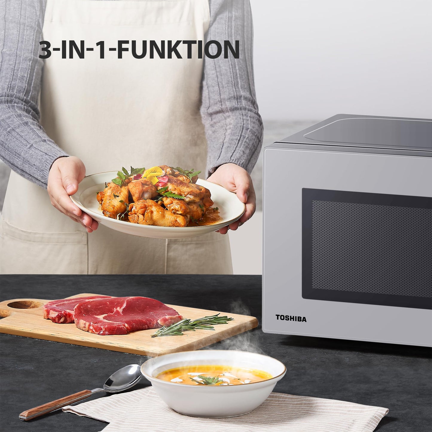 Toshiba MW3-AM25PFI(MG) Solo Microwave 25L 900W in Slim Morandi Grey with Origin Inverter, Chef Defrost, 10 Power Levels, 7 Auto Menus, Easy Clean