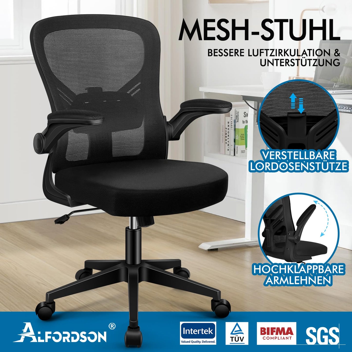 ALFORDSON Bürostuhl, Lendenstütze, Atmungsaktives Netz und Stoff, Hochklappbare/Verstellbare Armlehnen, Hochwertiger Schaumstoff, 180kg für Zuhause & Gaming, Wale, Schwarz