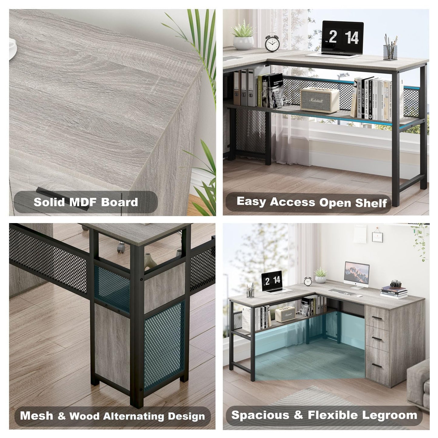 LVB White L Shaped Corner Desk with Drawers, Reversible Modern L Shaped Computer Desk with Storage Cabinets, Large L Shaped Wooden L Shaped Desk Metal L Shape