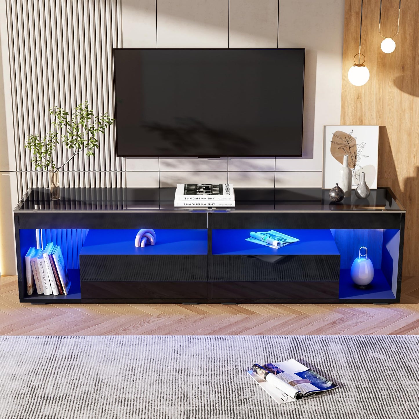 TV Cabinet, TV Stand with 2 Lockers, 200 cm Long, Adjustable Shelves, High Gloss LED TV Lowboard for Living Room Furniture and Dining Room, Bedroom