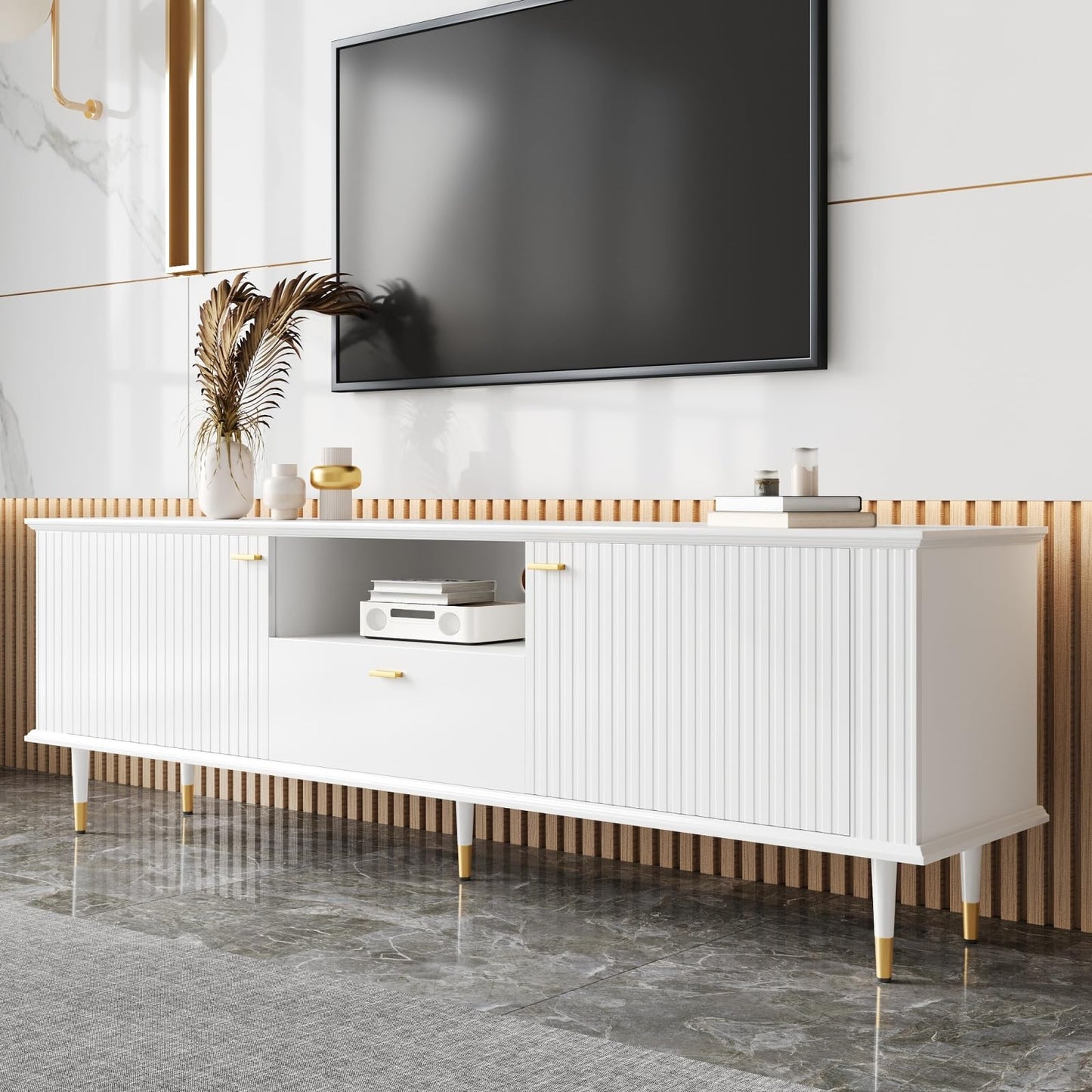 TV Cabinet with 3 Drawers, TV Table with Golden Handles and Legs, Modern TV Stand for TVs up to 75 Inches, Rounded Corners, TV Cabinet for Living Room, 174 x 35 x 41 cm, White