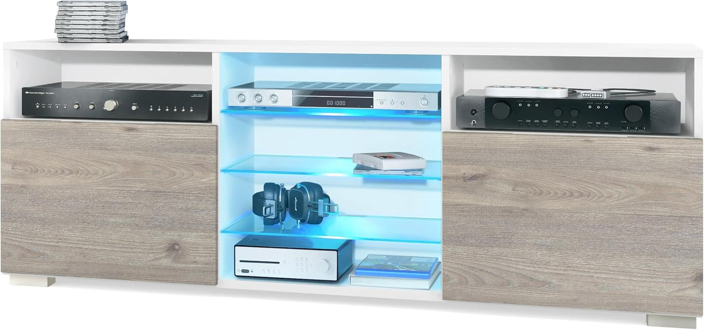 Vladon Granada TV Board Lowboard with 2 Doors and 6 Open Compartments, Matt White Body, Fronts in Sand Grey High Gloss (146 x 54 x 35 cm)