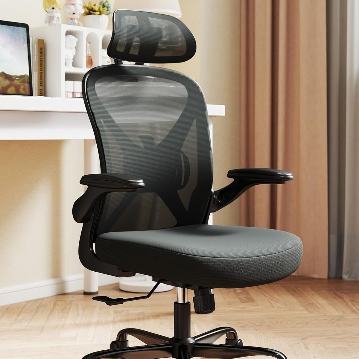 ZZH Ergonomic Desk Chair, Mesh Office Chair with Adjustable Lumbar Support & Folding Armrests, Breathable Computer Chair for Home Office with 360° Rotation & Height Adjustment, Black