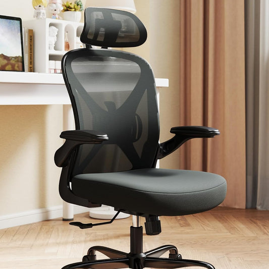 ZZH Ergonomic Desk Chair, Mesh Office Chair with Adjustable Lumbar Support & Folding Armrests, Breathable Computer Chair for Home Office with 360° Rotation & Height Adjustment, Black