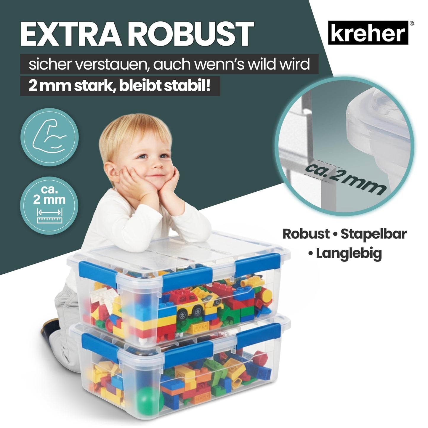 Kreher® Waterproof Storage Box with Lid and Silicone Seal (IP67) Made of Durable Plastic in Various Sizes. Ideal for Wet Rooms, Basements, Garages, Camping etc. (2.50 Litres)