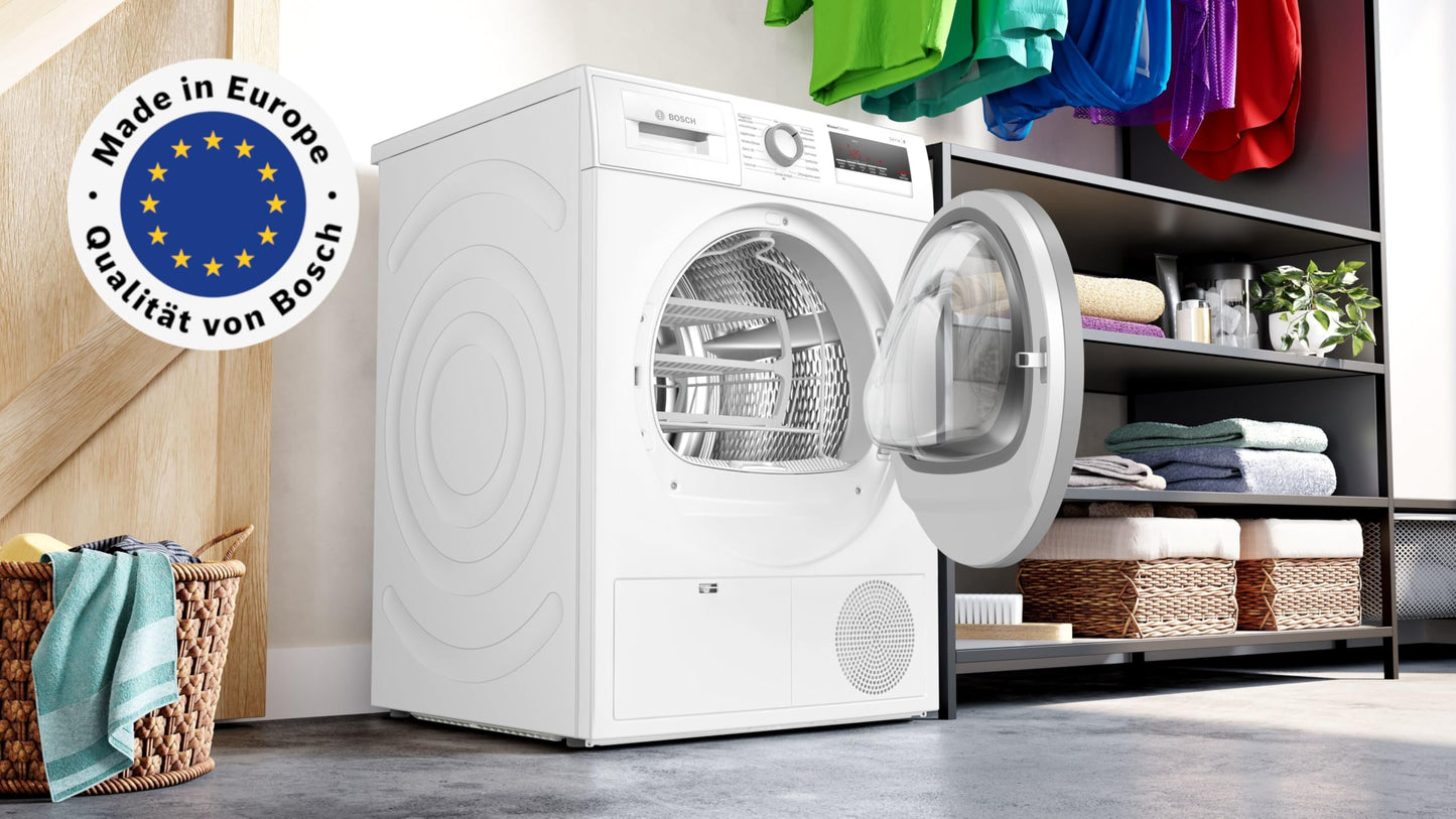 Bosch Series 6 WQG235D00 Heat Pump Dryer for 8 kg of Laundry, A+++, 176 kWh/Year, AutoDry, Anti Vibration Design, Sensitive Drying System, Environmentally Friendly Coolant, White