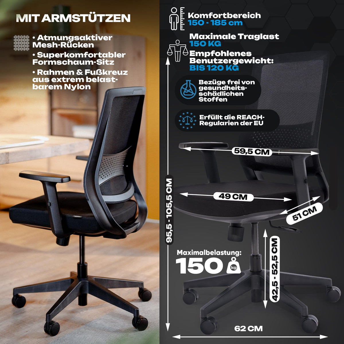 M2 Ergonomic Office Chair, Test Winner with Adjustable Armrest without Headrest for Maximum Freedom of Movement, Back-Friendly, Comfortable Desk Chair for Office and Home Office Chair