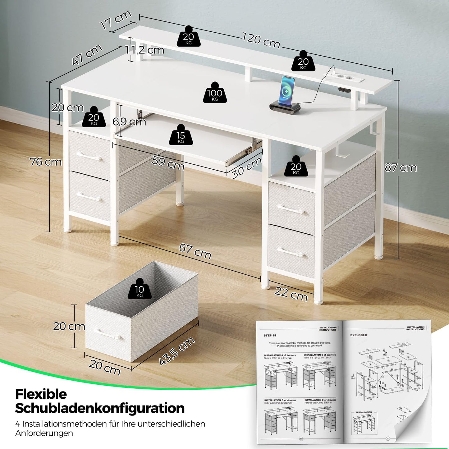 Rolanstar Desk with Drawers, 120 x 47 cm Gaming Table with Socket, LED & Monitor Stand, Computer Desk with Keyboard Tray, Gaming Desk for Home Office, Office, Living Room, White